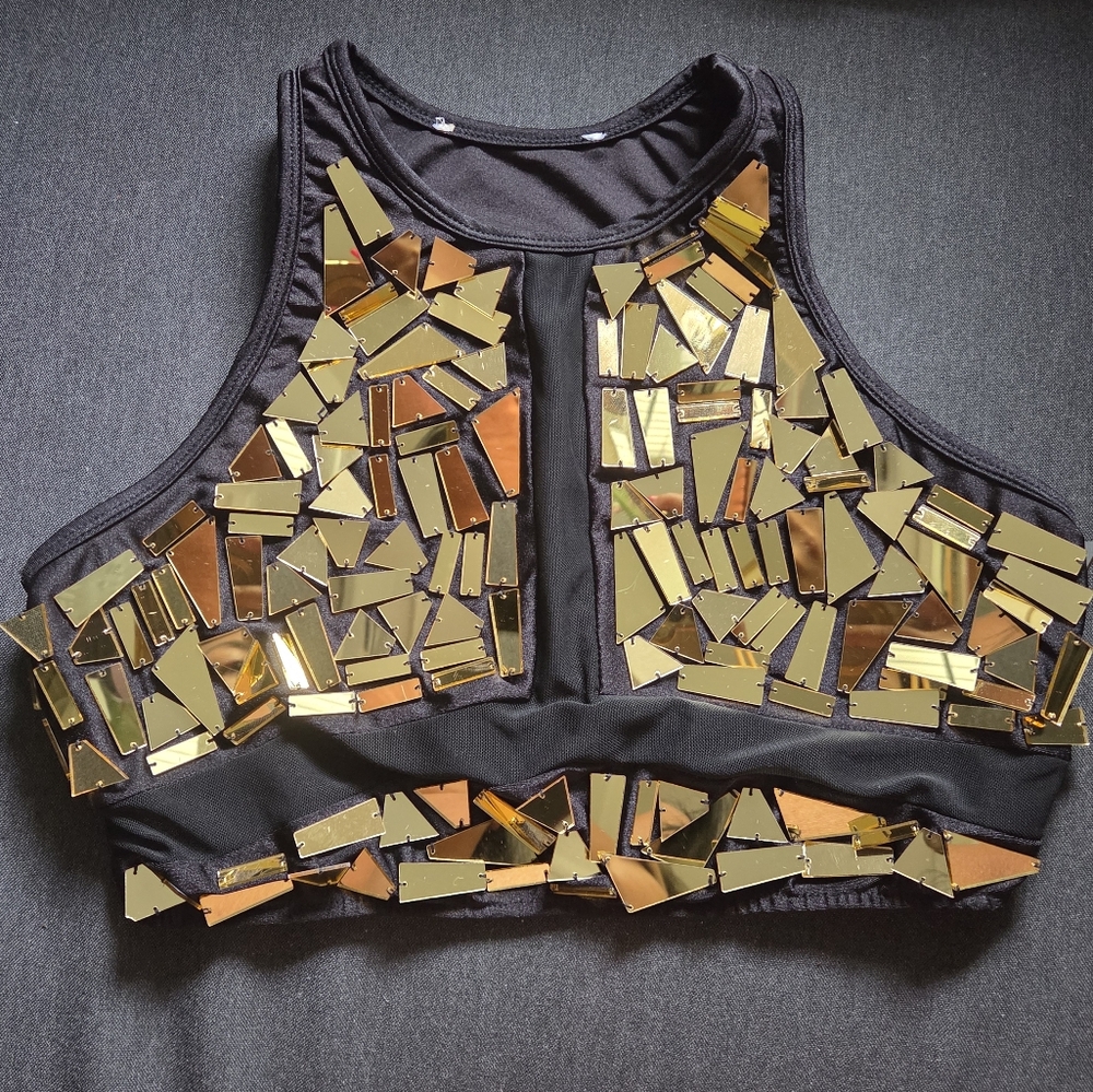 Vintage Gold and Black Mirror Embellished Crop Top